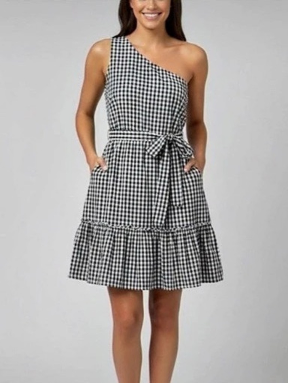 Crown & Ivy Black and White Gingham One-Shoulder Dress Mini Dress 100% Cotton